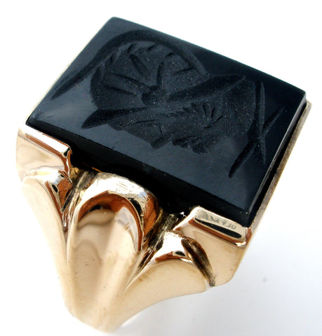 10K Gold Intaglio Black Onyx Soldier Men's Ring the jewelry lady's store 