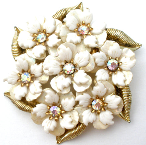 Coro White Flower Rhinestone Brooch Pin Vintage