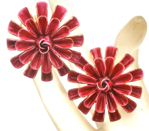 Fuchsia Pink Enamel Flower Earrings Vintage