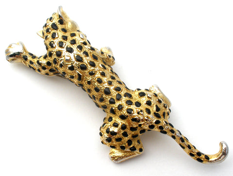 Gold Tone Black Enamel Spotted Leopard Brooch Pin