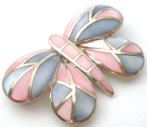 Pink & Blue Mother Of Pearl Butterfly Brooch Sterling Silver