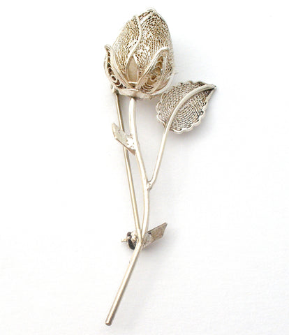 Sterling Silver Filigree Rose Brooch Pin Vintage