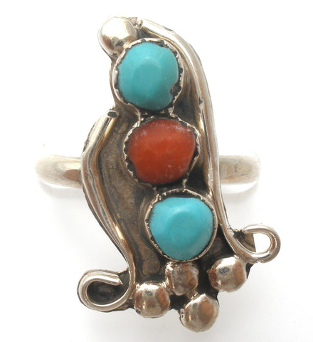 Turquoise & Coral Ring Sterling Silver Size 4
