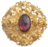 Antique Brass Brooch With Purple Rhinestone - The Jewelry Lady's Store