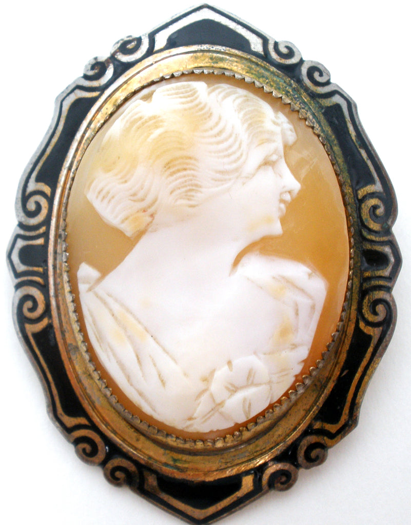 Antique Shell Cameo & Enamel Brooch Pin - The Jewelry Lady's Store