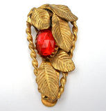 Art Deco Leaf Dress Clip with Red Rhinestone - The Jewelry Lady's Store