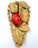 Art Deco Leaf Dress Clip with Red Rhinestone - The Jewelry Lady's Store