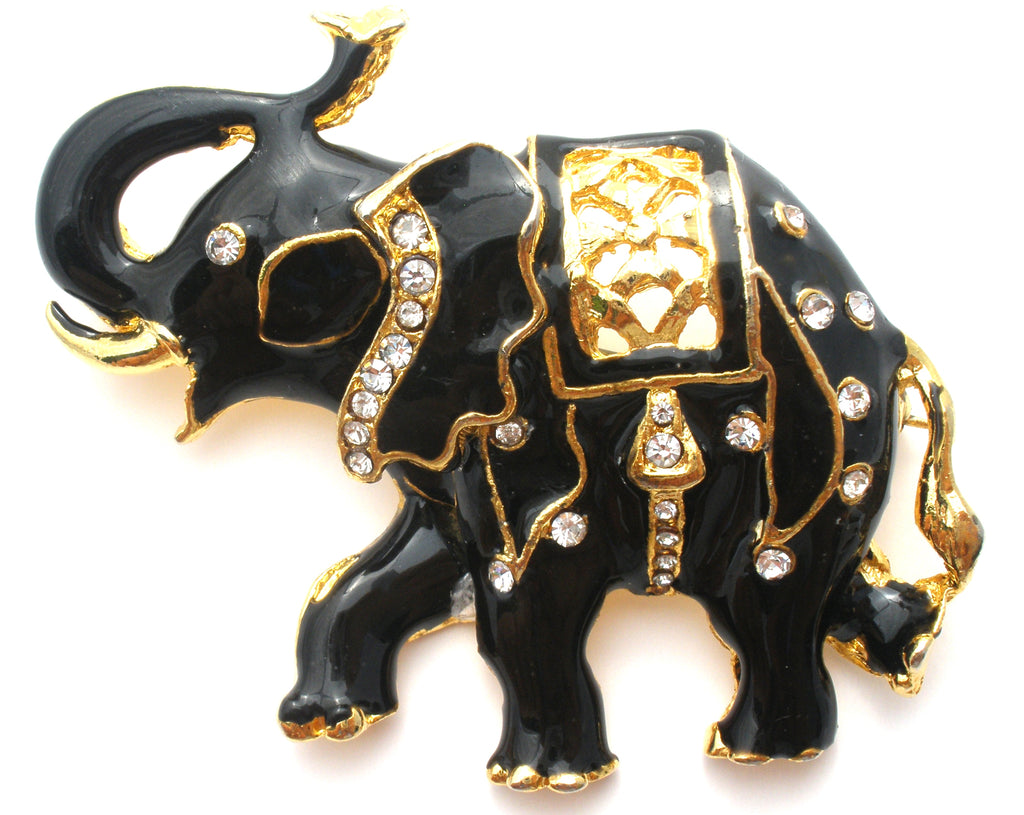 Black Enamel Elephant With Rhinestones Vintage Pin - The Jewelry Lady's Store