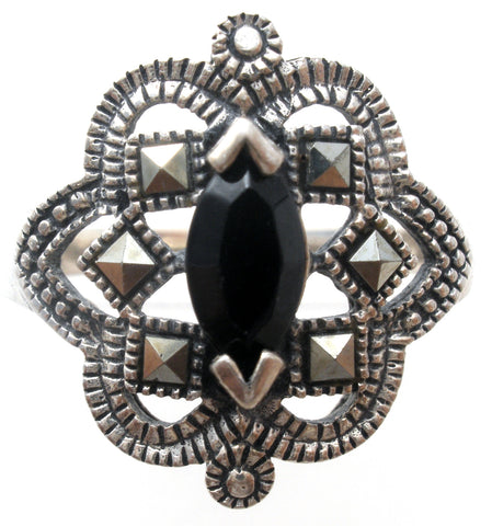 Black Onyx & Marcasite Ring 925 Size 8