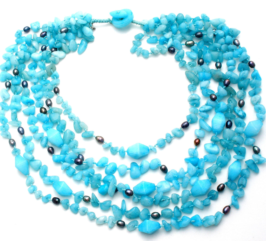 Blue Caribbean Quartz & Gray Pearl Necklace - The Jewelry Lady's Store