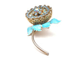 Blue Enamel & Rhinestone Flower Brooch Pin Vintage - The Jewelry Lady's Store