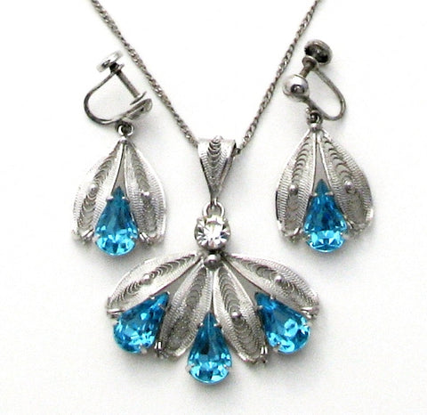 Blue Rhinestone Lavalier Silver Necklace Set