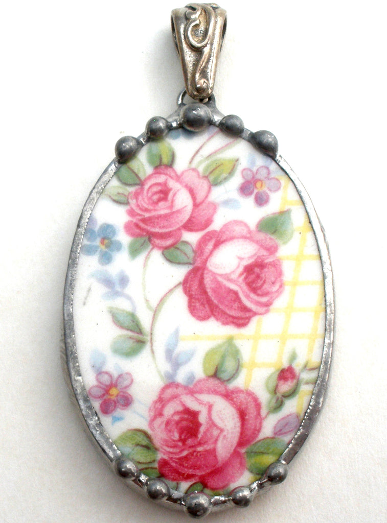 Broken China Jewelry Sterling Pendant With Roses - The Jewelry Lady's Store