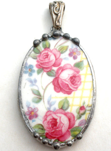 Broken China Jewelry Sterling Pendant With Roses