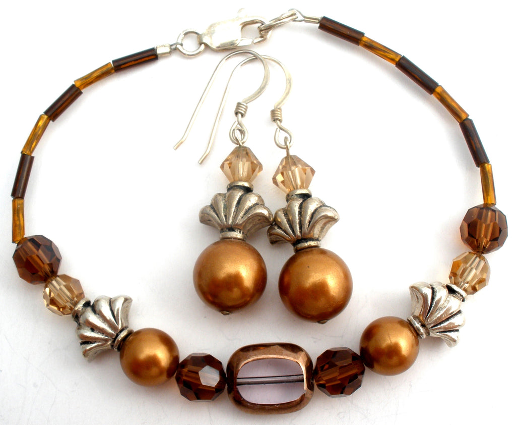 Brown Pearl & Crystal Bracelet Set 925 - The Jewelry Lady's Store