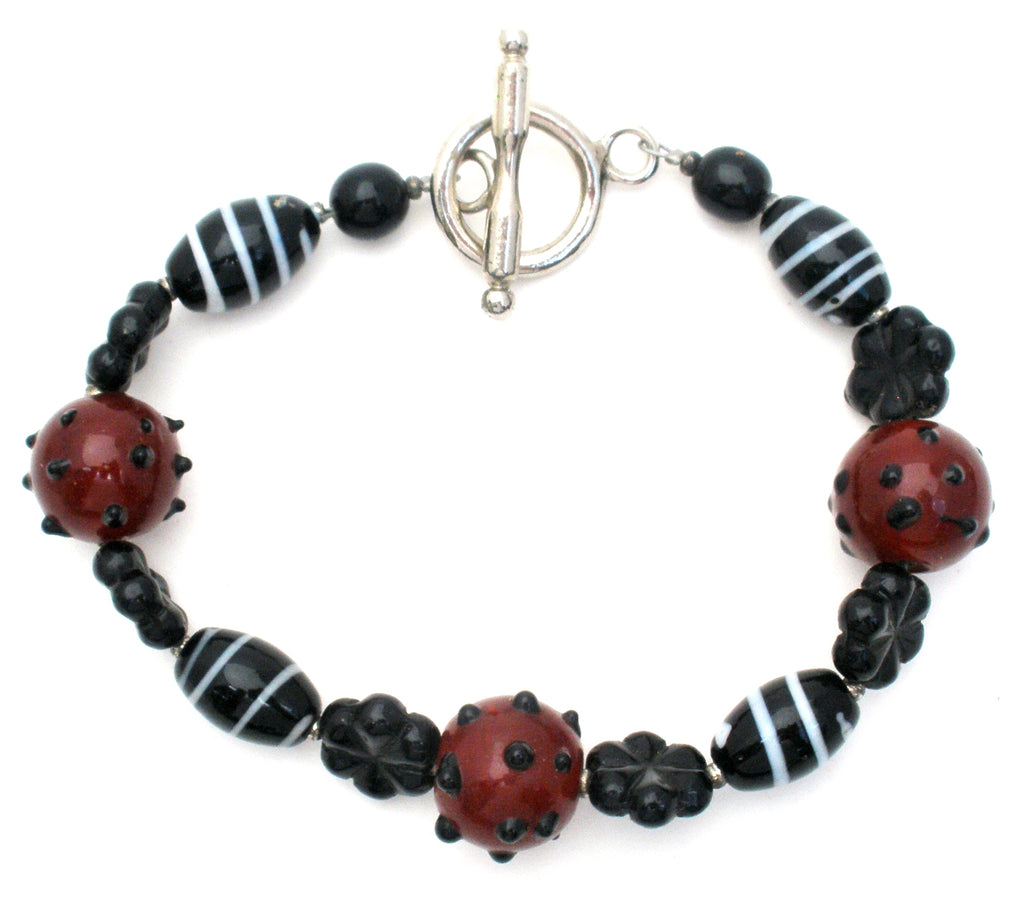 Brown and Black Lampwork Art Glass Bead Bracelet 8.75" - The Jewelry Lady's Store