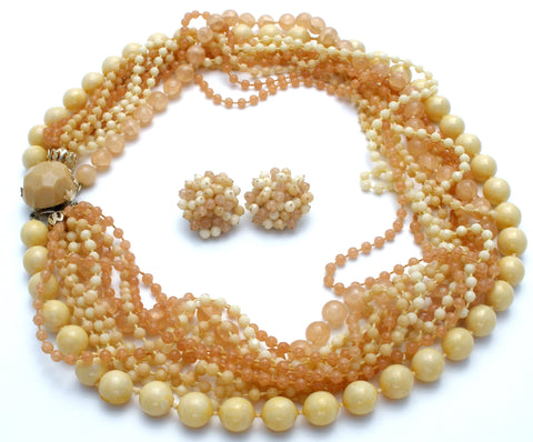Cream & Beige Multi Strand Bead Necklace Set Vintage