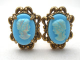 Florenza Blue Cameo Brooch Set Vintage - The Jewelry Lady's Store