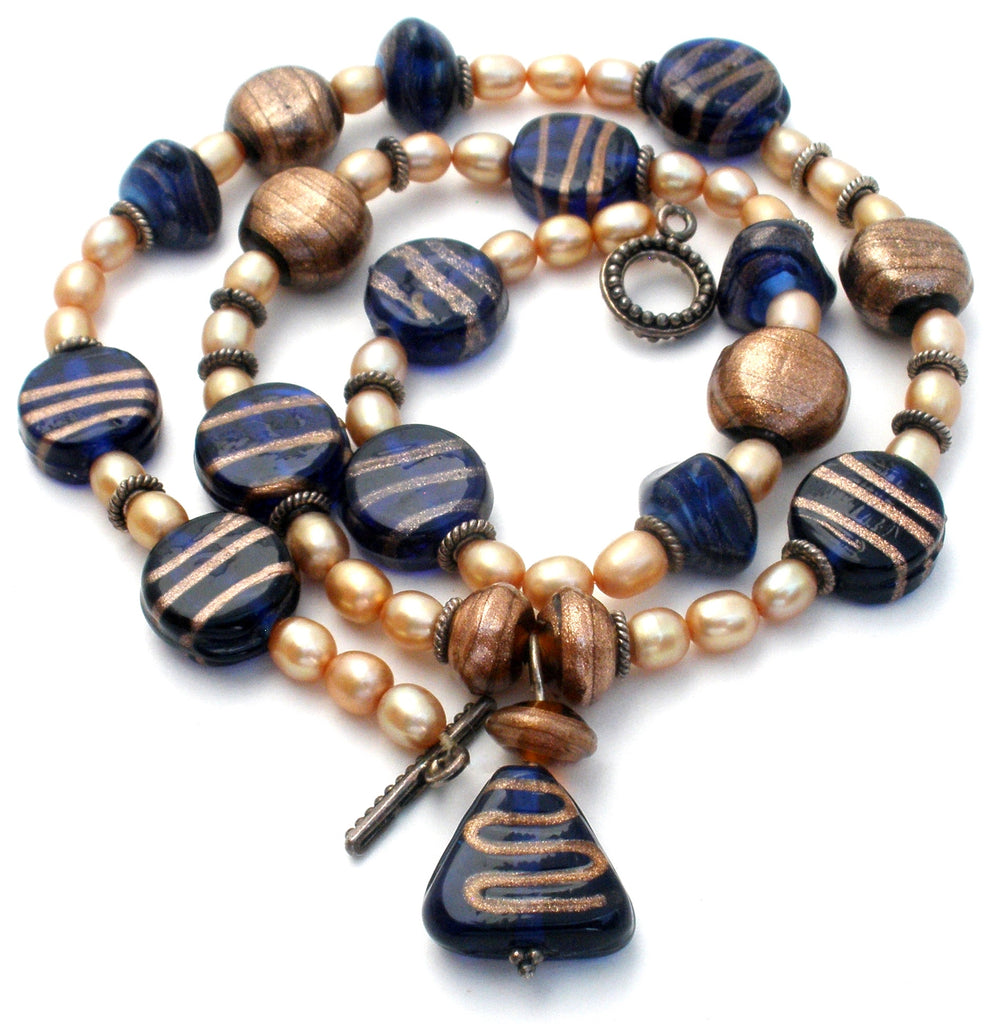 Foiled Blue Glass Bead & Pearl Necklace - The Jewelry Lady's Store