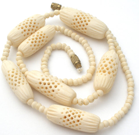 Hand Carved Bone Bead Necklace Vintage