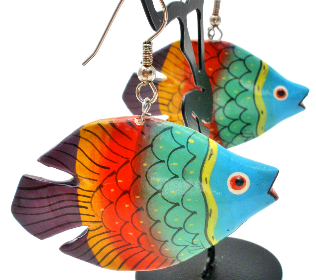 Large Fish Earrings Hand Painted /Wood Vintage - The Jewelry Lady's Store