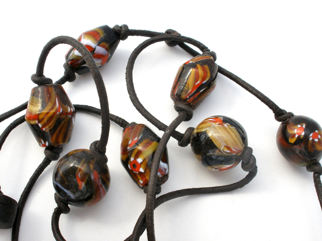 Murano Glass Beads On Black Leather Cord Necklace - The Jewelry Lady's Store