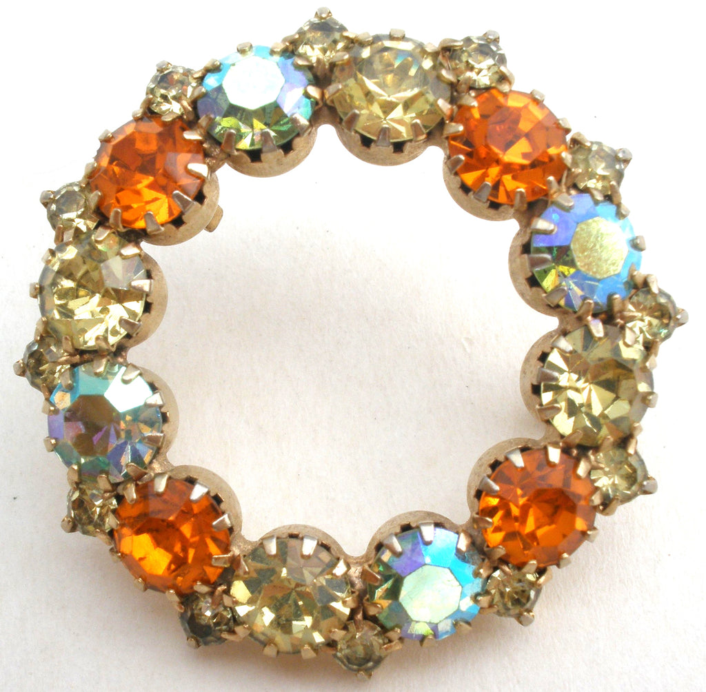 Orange & Gold Rhinestone Wreath Brooch Vintage - The Jewelry Lady's Store