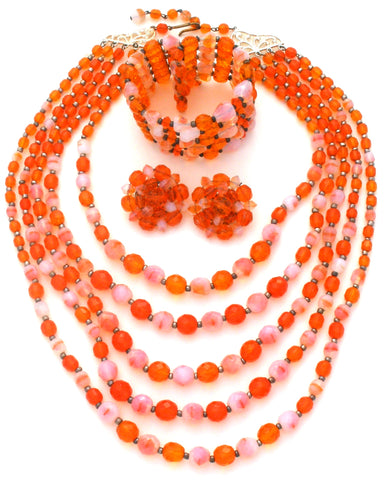 Orange & Opalescent Bead Jewelry Set Vintage