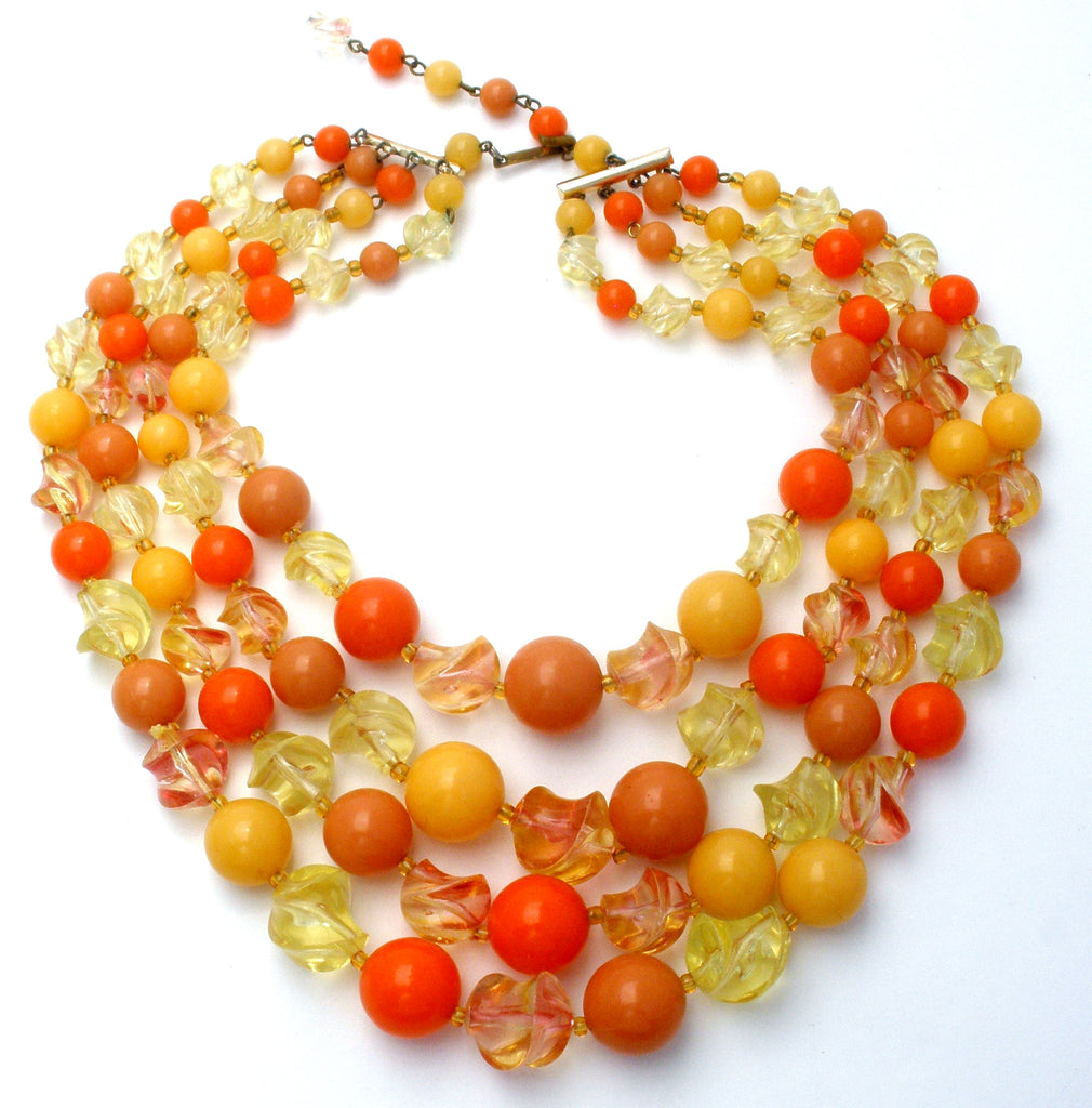 Orange & Yellow Lucite Bead Necklace Multi Strand - The Jewelry Lady's Store