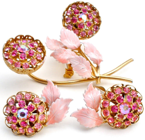 Pink Flower Rhinestone & Enamel Brooch Set Vintage