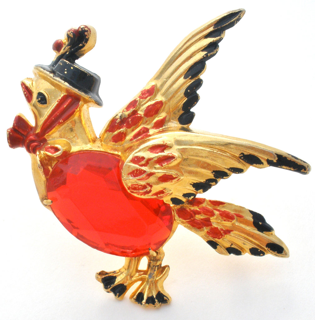 Red Jelly Belly Bird With Hat Brooch Pin Vintage - The Jewelry Lady's Store