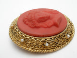 Red Orange Glass Cameo Brooch Pin Vintage - The Jewelry Lady's Store