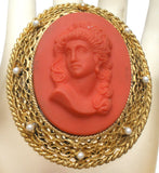 Red Orange Glass Cameo Brooch Pin Vintage - The Jewelry Lady's Store