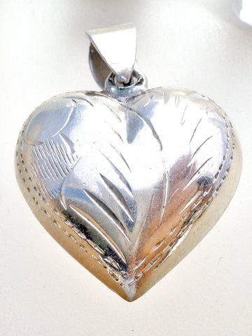 Sterling Silver Engraved Puffed Heart Pendant Vintage