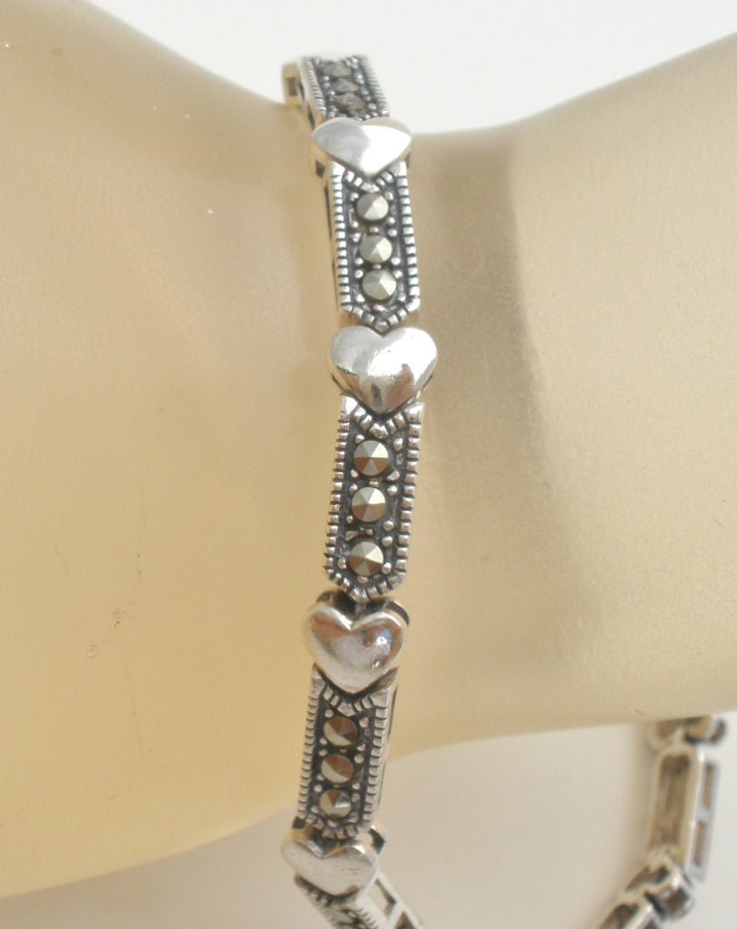 Sterling Silver Marcasite Heart Bracelet 7.25" - The Jewelry Lady's Store