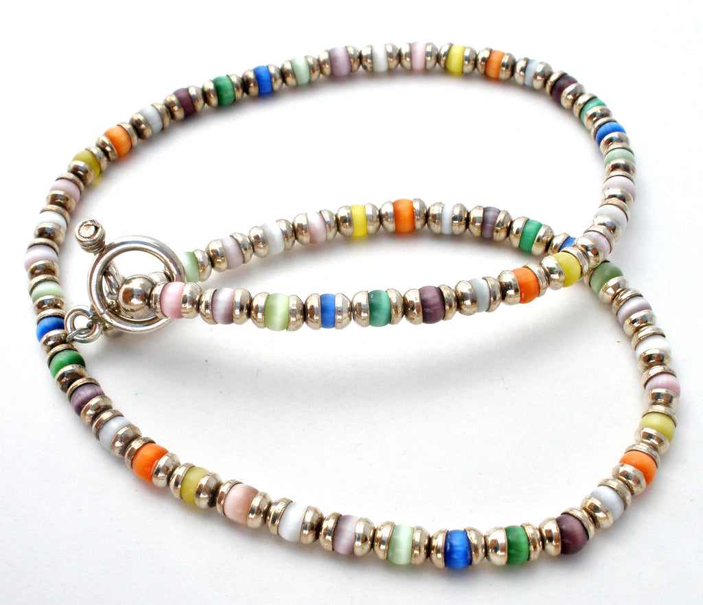 Sterling Silver & Cats Eye Bead Necklace Vintage - The Jewelry Lady's Store