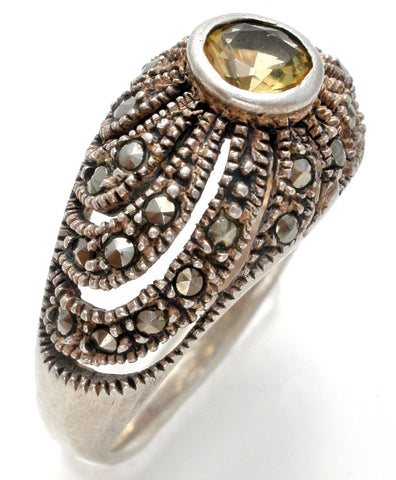 Sterling Silver Citrine & Marcasite Ring Size 8.5