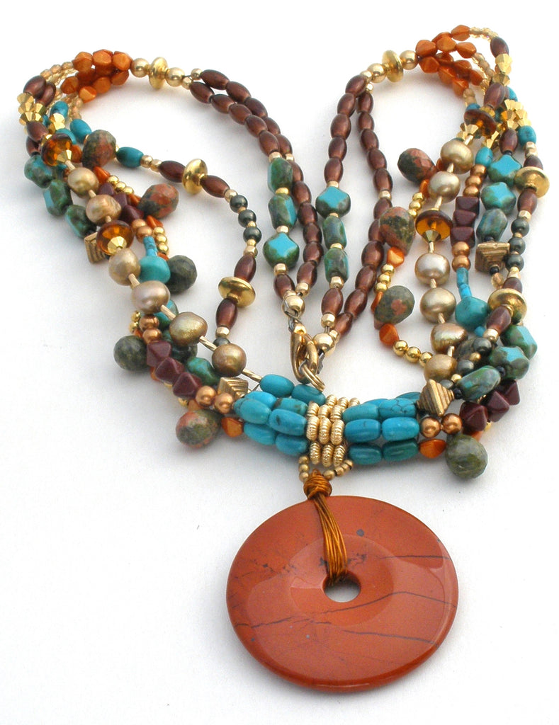 Turquoise Jasper Amber & Pearl Bead Donut Pendant Necklace - The Jewelry Lady's Store