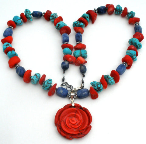 Turquoise Sodalite & Coral Rose 925 Necklace