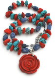 Turquoise Sodalite & Coral Rose 925 Necklace - The Jewelry Lady's Store