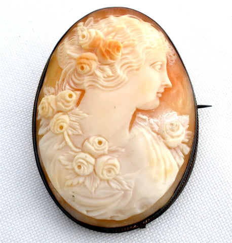Victorian Cameo Brooch Carved Sterling Silver Frame Antique Pin