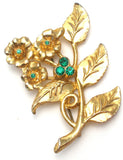 Vintage Flower Brooch with Green Rhinestones - The Jewelry Lady's Store