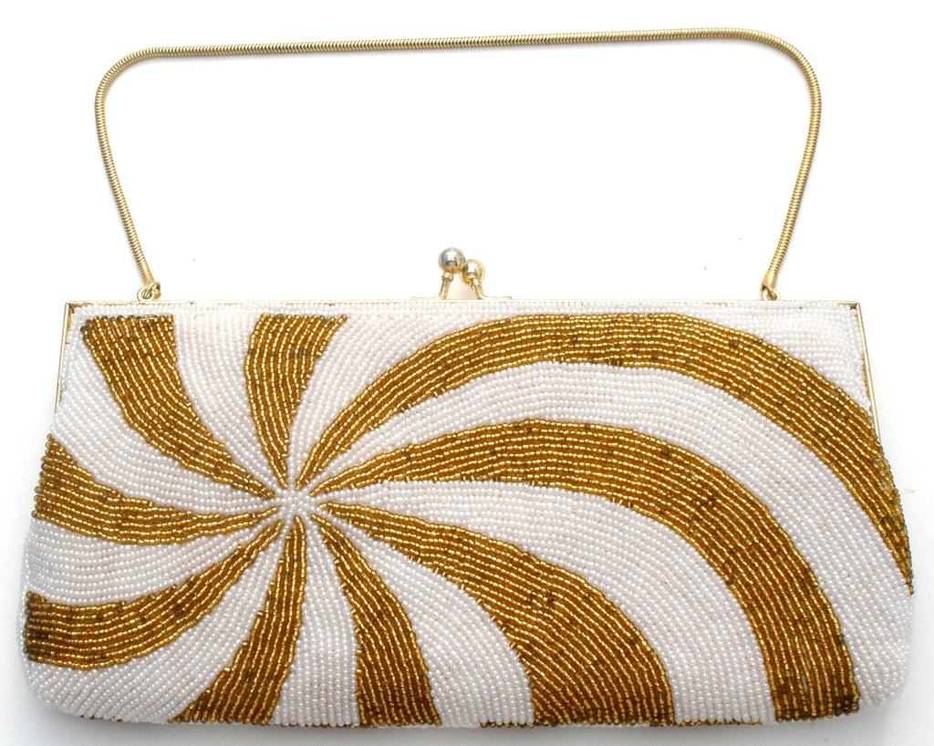 Vintage Gold & White Beaded Pinwheel Purse - The Jewelry Lady's Store