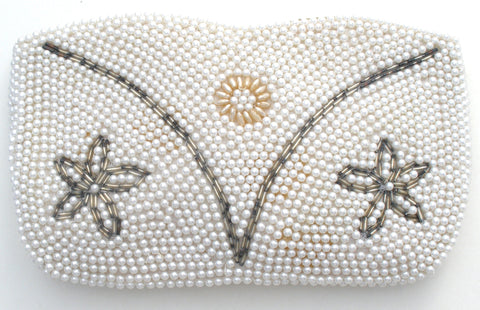 Vintage Hand Beaded Pearl Flower Clutch Purse
