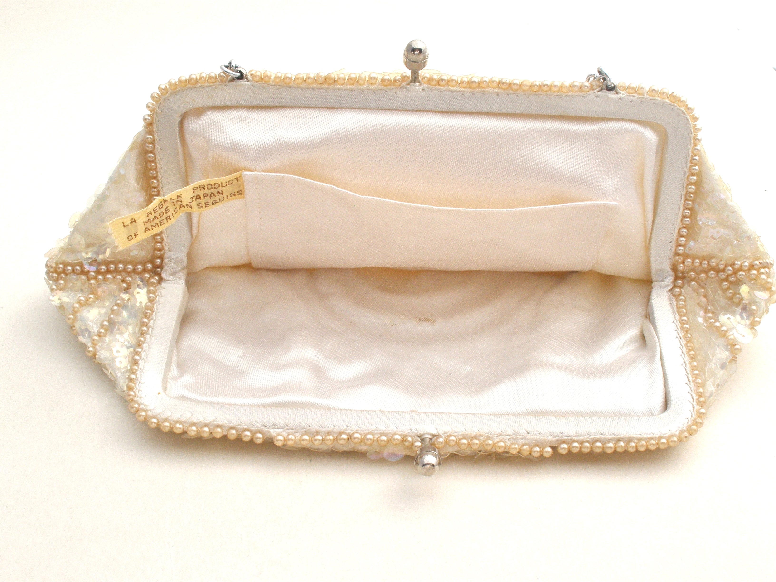 Vintage LA REGALE´ Beaded Purse w/ Box New York Ivory Sequins Faux Pearls 7  x 4