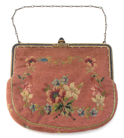 Vintage Pink Floral Petit Point Needlepoint Purse Bag
