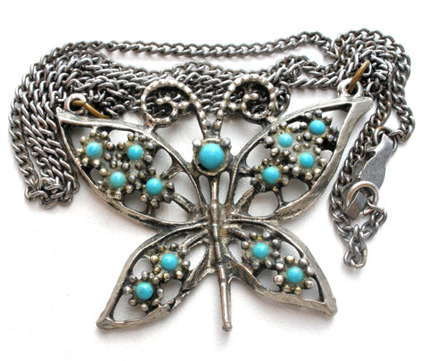 Vintage Butterfly Blue Turquoise Necklace 19"