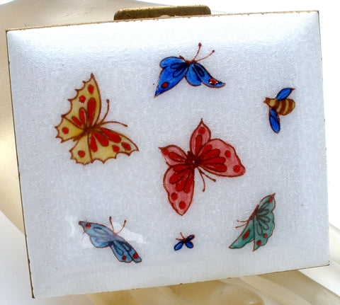 Vintage White Lucite Compact with Enamel Butterflies
