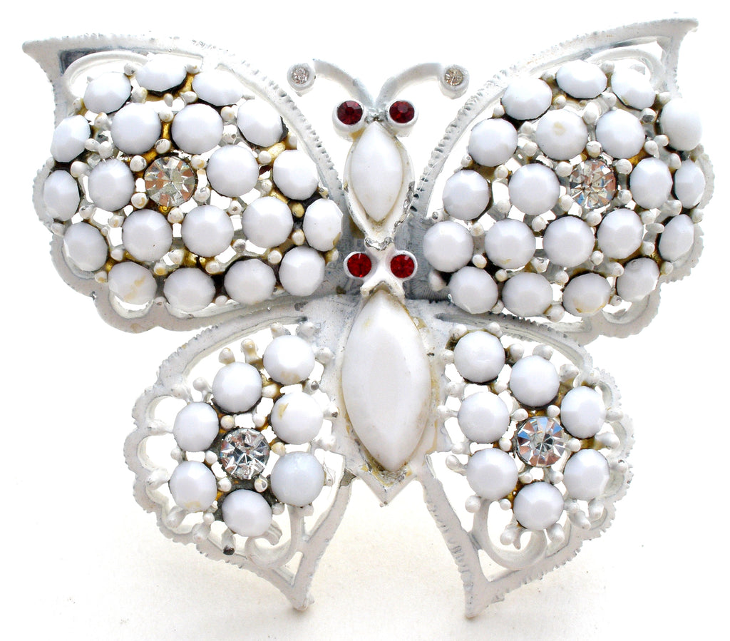 Weiss Milk Glass Rhinestone Butterfly Brooch Pin Vintage - The Jewelry Lady's Store