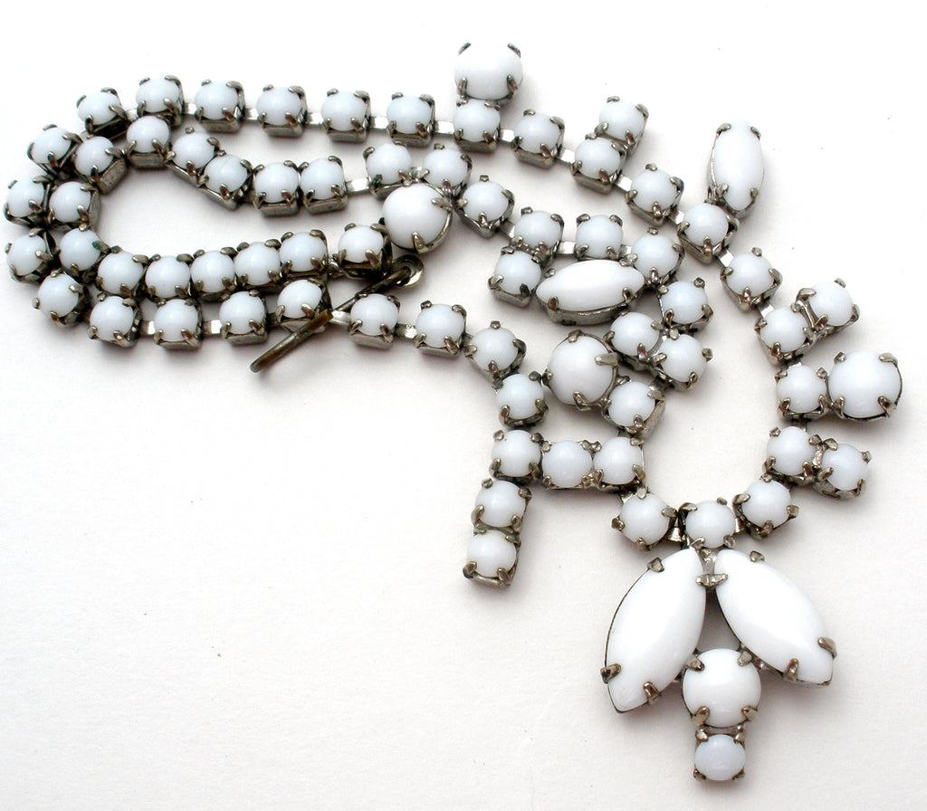 White Milk Glass Rhinestone Necklace 15" - The Jewelry Lady's Store